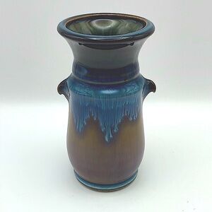 Bill Campbell, Handmade Pottery Vase, Drip Glaze, Blue/Brown/Green, 5.25” tall